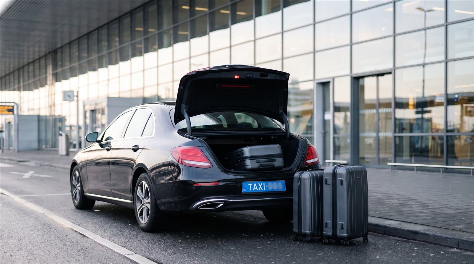 Mercedes E-Klasse van Taxi Le Noir met open kofferbak en koffers bij de vertrekhal
